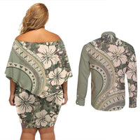 Hawaiian Hibiscus Tribal Vintage Motif Couples Matching Off Shoulder Short Dress and Long Sleeve Button Shirt Ver 6 LT9 - Polynesian Pride