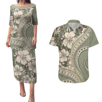 Hawaiian Hibiscus Tribal Vintage Motif Couples Matching Puletasi and Hawaiian Shirt Ver 6 LT9 Green Pastel - Polynesian Pride