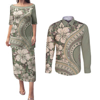 Hawaiian Hibiscus Tribal Vintage Motif Couples Matching Puletasi and Long Sleeve Button Shirt Ver 6 LT9 Green Pastel - Polynesian Pride