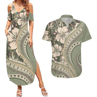 Hawaiian Hibiscus Tribal Vintage Motif Couples Matching Summer Maxi Dress and Hawaiian Shirt Ver 6 LT9 Green Pastel - Polynesian Pride