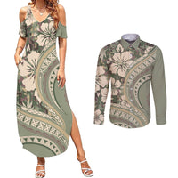 Hawaiian Hibiscus Tribal Vintage Motif Couples Matching Summer Maxi Dress and Long Sleeve Button Shirt Ver 6 LT9 Green Pastel - Polynesian Pride