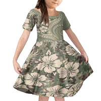 Hawaiian Hibiscus Tribal Vintage Motif Kid Short Sleeve Dress Ver 6 LT9 KID Green Pastel - Polynesian Pride