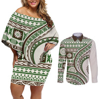 Hawaiian Hibiscus Tribal Vintage Motif Couples Matching Off Shoulder Short Dress and Long Sleeve Button Shirt Ver 7 LT9 Green - Polynesian Pride