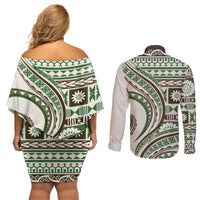 Hawaiian Hibiscus Tribal Vintage Motif Couples Matching Off Shoulder Short Dress and Long Sleeve Button Shirt Ver 7 LT9 - Polynesian Pride