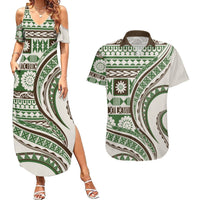 Hawaiian Hibiscus Tribal Vintage Motif Couples Matching Summer Maxi Dress and Hawaiian Shirt Ver 7 LT9 Green - Polynesian Pride