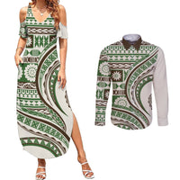 Hawaiian Hibiscus Tribal Vintage Motif Couples Matching Summer Maxi Dress and Long Sleeve Button Shirt Ver 7 LT9 Green - Polynesian Pride
