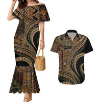 Hawaiian Hibiscus Tribal Vintage Motif Couples Matching Mermaid Dress and Hawaiian Shirt Ver 8 LT9 Brown - Polynesian Pride