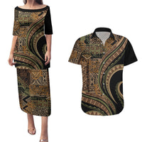 Hawaiian Hibiscus Tribal Vintage Motif Couples Matching Puletasi and Hawaiian Shirt Ver 8 LT9 Brown - Polynesian Pride