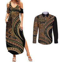 Hawaiian Hibiscus Tribal Vintage Motif Couples Matching Summer Maxi Dress and Long Sleeve Button Shirt Ver 8 LT9 Brown - Polynesian Pride