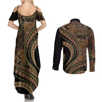 Hawaiian Hibiscus Tribal Vintage Motif Couples Matching Summer Maxi Dress and Long Sleeve Button Shirt Ver 8 LT9 - Polynesian Pride