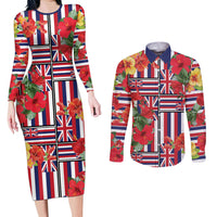 Hawaii Hibiscus Lei Couples Matching Long Sleeve Bodycon Dress and Long Sleeve Button Shirt Hawaiian Flag Motif LT9 Red - Polynesian Pride