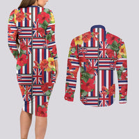 Hawaii Hibiscus Lei Couples Matching Long Sleeve Bodycon Dress and Long Sleeve Button Shirt Hawaiian Flag Motif LT9 - Polynesian Pride