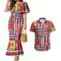 Hawaii Hibiscus Lei Couples Matching Mermaid Dress and Hawaiian Shirt Hawaiian Flag Motif LT9 Red - Polynesian Pride