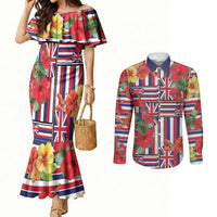 Hawaii Hibiscus Lei Couples Matching Mermaid Dress and Long Sleeve Button Shirt Hawaiian Flag Motif LT9 Red - Polynesian Pride