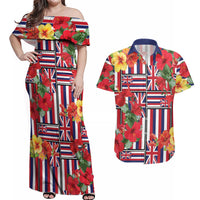Hawaii Hibiscus Lei Couples Matching Off Shoulder Maxi Dress and Hawaiian Shirt Hawaiian Flag Motif LT9 Red - Polynesian Pride