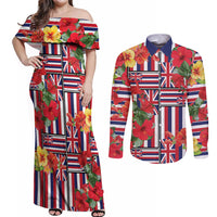 Hawaii Hibiscus Lei Couples Matching Off Shoulder Maxi Dress and Long Sleeve Button Shirt Hawaiian Flag Motif LT9 Red - Polynesian Pride