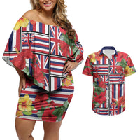 Hawaii Hibiscus Lei Couples Matching Off Shoulder Short Dress and Hawaiian Shirt Hawaiian Flag Motif LT9 Red - Polynesian Pride