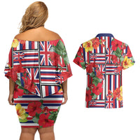 Hawaii Hibiscus Lei Couples Matching Off Shoulder Short Dress and Hawaiian Shirt Hawaiian Flag Motif LT9 - Polynesian Pride