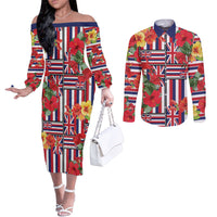 Hawaii Hibiscus Lei Couples Matching Off The Shoulder Long Sleeve Dress and Long Sleeve Button Shirt Hawaiian Flag Motif LT9 Red - Polynesian Pride