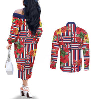 Hawaii Hibiscus Lei Couples Matching Off The Shoulder Long Sleeve Dress and Long Sleeve Button Shirt Hawaiian Flag Motif LT9 - Polynesian Pride