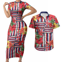 Hawaii Hibiscus Lei Couples Matching Short Sleeve Bodycon Dress and Hawaiian Shirt Hawaiian Flag Motif LT9 Red - Polynesian Pride