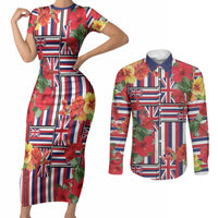 Hawaii Hibiscus Lei Couples Matching Short Sleeve Bodycon Dress and Long Sleeve Button Shirt Hawaiian Flag Motif LT9 Red - Polynesian Pride