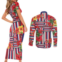 Hawaii Hibiscus Lei Couples Matching Short Sleeve Bodycon Dress and Long Sleeve Button Shirt Hawaiian Flag Motif LT9 - Polynesian Pride