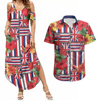 Hawaii Hibiscus Lei Couples Matching Summer Maxi Dress and Hawaiian Shirt Hawaiian Flag Motif LT9 Red - Polynesian Pride
