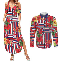 Hawaii Hibiscus Lei Couples Matching Summer Maxi Dress and Long Sleeve Button Shirt Hawaiian Flag Motif LT9 Red - Polynesian Pride