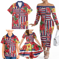 Hawaii Hibiscus Lei Family Matching Off The Shoulder Long Sleeve Dress and Hawaiian Shirt Hawaiian Flag Motif LT9 - Polynesian Pride