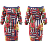 Hawaii Hibiscus Lei Family Matching Off The Shoulder Long Sleeve Dress and Hawaiian Shirt Hawaiian Flag Motif LT9 Mom's Dress Red - Polynesian Pride