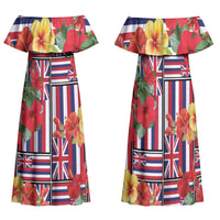 Hawaii Hibiscus Lei Family Matching Off Shoulder Maxi Dress and Hawaiian Shirt Hawaiian Flag Motif LT9 Mom's Dress Red - Polynesian Pride
