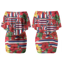 Hawaii Hibiscus Lei Family Matching Off Shoulder Short Dress and Hawaiian Shirt Hawaiian Flag Motif LT9 Mom's Dress Red - Polynesian Pride