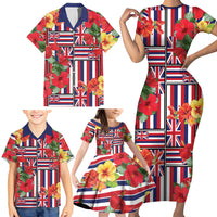 Hawaii Hibiscus Lei Family Matching Short Sleeve Bodycon Dress and Hawaiian Shirt Hawaiian Flag Motif LT9 - Polynesian Pride