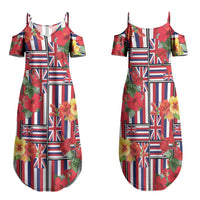 Hawaii Hibiscus Lei Family Matching Summer Maxi Dress and Hawaiian Shirt Hawaiian Flag Motif LT9 Mom's Dress Red - Polynesian Pride