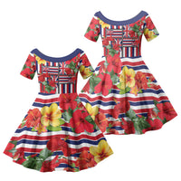 Hawaii Hibiscus Lei Family Matching Summer Maxi Dress and Hawaiian Shirt Hawaiian Flag Motif LT9 Daughter's Dress Red - Polynesian Pride