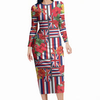 Hawaii Hibiscus Lei Long Sleeve Bodycon Dress Hawaiian Flag Motif LT9 Long Dress Red - Polynesian Pride