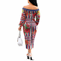 Hawaii Hibiscus Lei Off The Shoulder Long Sleeve Dress Hawaiian Flag Motif LT9 - Polynesian Pride