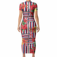 Hawaii Hibiscus Lei Short Sleeve Bodycon Dress Hawaiian Flag Motif LT9 - Polynesian Pride