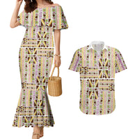 Hawaii Lokelani Pikake Lei Couples Matching Mermaid Dress and Hawaiian Shirt Hawaiian Flag Motif LT9 White - Polynesian Pride