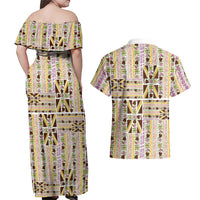 Hawaii Lokelani Pikake Lei Couples Matching Off Shoulder Maxi Dress and Hawaiian Shirt Hawaiian Flag Motif LT9 - Polynesian Pride