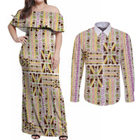 Hawaii Lokelani Pikake Lei Couples Matching Off Shoulder Maxi Dress and Long Sleeve Button Shirt Hawaiian Flag Motif LT9 White - Polynesian Pride