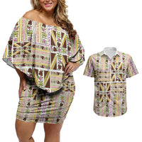 Hawaii Lokelani Pikake Lei Couples Matching Off Shoulder Short Dress and Hawaiian Shirt Hawaiian Flag Motif LT9 White - Polynesian Pride