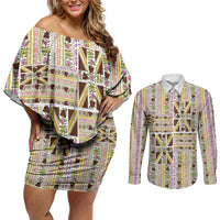 Hawaii Lokelani Pikake Lei Couples Matching Off Shoulder Short Dress and Long Sleeve Button Shirt Hawaiian Flag Motif LT9 White - Polynesian Pride