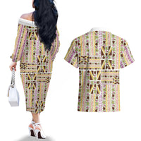 Hawaii Lokelani Pikake Lei Couples Matching Off The Shoulder Long Sleeve Dress and Hawaiian Shirt Hawaiian Flag Motif LT9 - Polynesian Pride