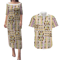 Hawaii Lokelani Pikake Lei Couples Matching Puletasi and Hawaiian Shirt Hawaiian Flag Motif LT9 White - Polynesian Pride
