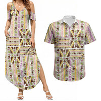 Hawaii Lokelani Pikake Lei Couples Matching Summer Maxi Dress and Hawaiian Shirt Hawaiian Flag Motif LT9 White - Polynesian Pride