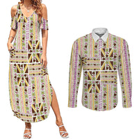 Hawaii Lokelani Pikake Lei Couples Matching Summer Maxi Dress and Long Sleeve Button Shirt Hawaiian Flag Motif LT9 White - Polynesian Pride