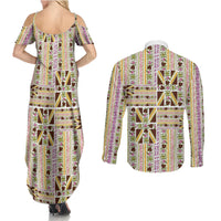 Hawaii Lokelani Pikake Lei Couples Matching Summer Maxi Dress and Long Sleeve Button Shirt Hawaiian Flag Motif LT9 - Polynesian Pride