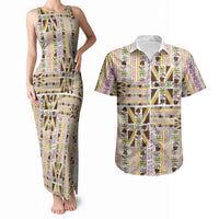 Hawaii Lokelani Pikake Lei Couples Matching Tank Maxi Dress and Hawaiian Shirt Hawaiian Flag Motif LT9 White - Polynesian Pride